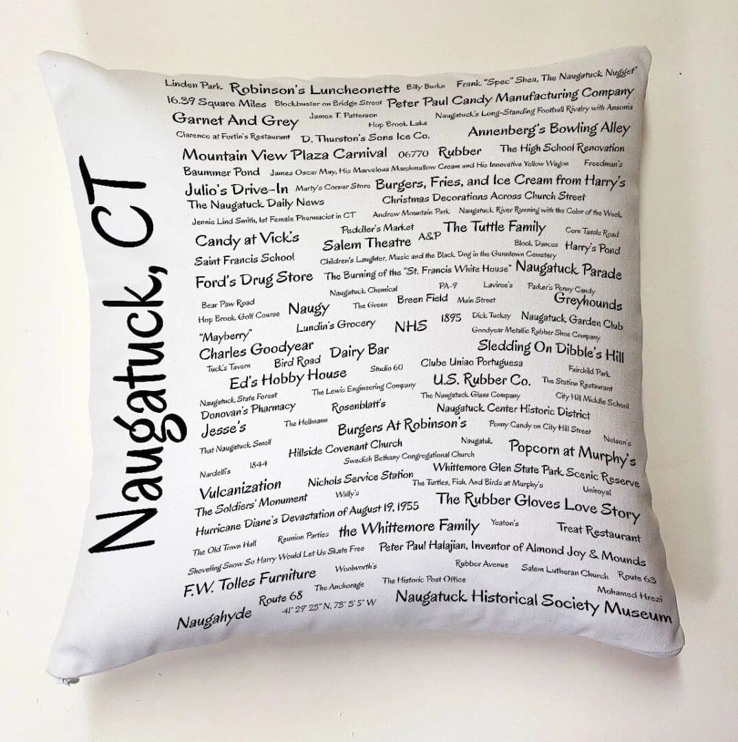 A pillow with many different words written on it