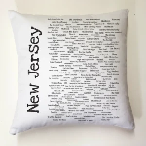 A pillow with many different words on it