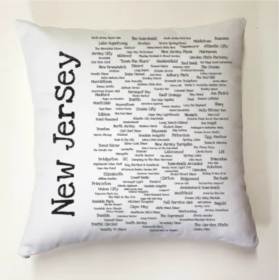 A pillow with many different words on it