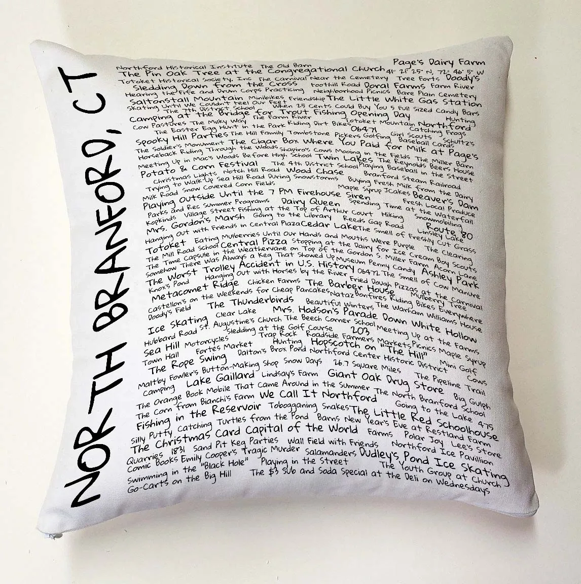 A pillow with the words north branford, ct written on it.