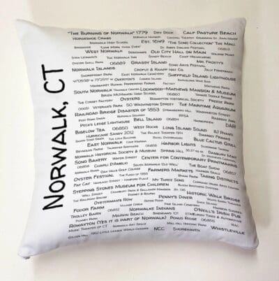 A pillow with the words norwalk ct written on it.