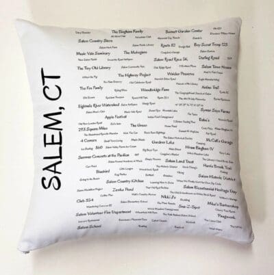 A pillow with the names of salem, ct.