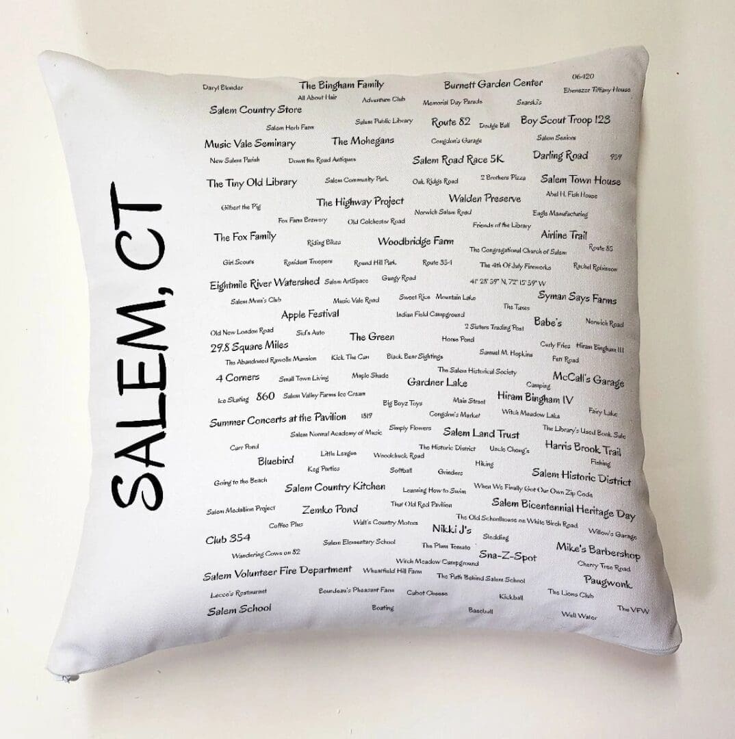 A pillow with the names of salem, ct.