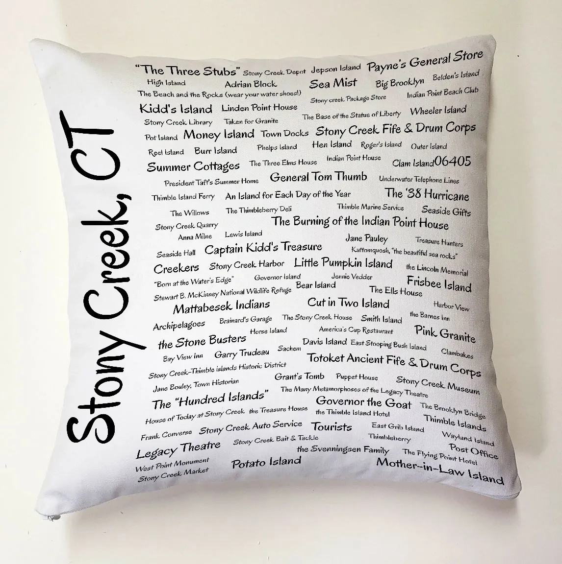 A pillow with many words written on it