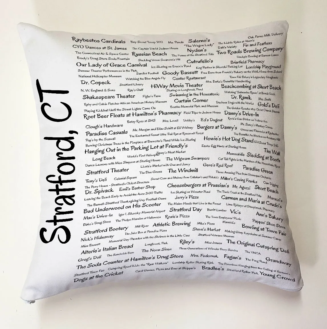 A pillow with the names of all the places in stratford, ct.