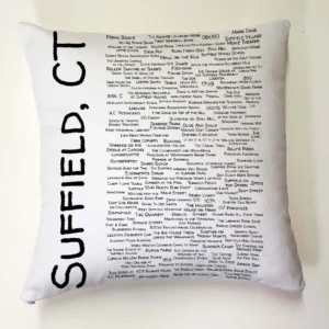 A pillow with the words suffield, ct written on it.