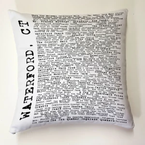 A pillow with the words waterford, o. D. Written in black ink on it