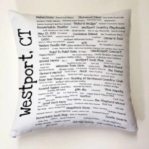 A pillow with the words westport, ct written on it.