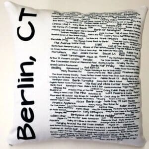 A pillow with the words berlin, ct written on it.