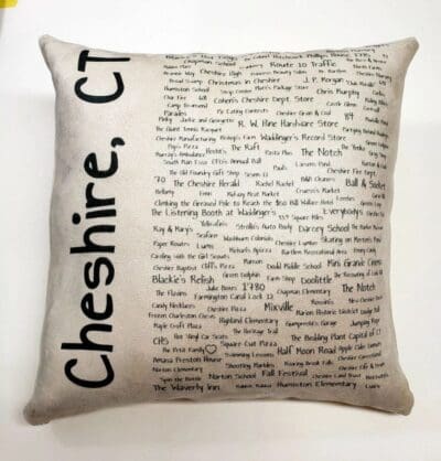 A pillow with the words cheshire, ct written on it.