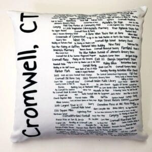 A pillow with the words cromwell, ct written on it.