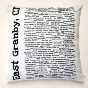 A pillow with the words east granby, ct. Written in black ink on it