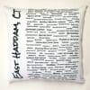 A white pillow with black writing on it.