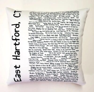 A pillow with the words east hartford, ct written on it.