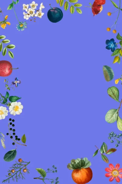 A blue background with flowers and leaves on it.