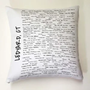 A pillow with the words lebard st written on it.