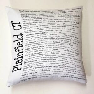 A pillow with the words plainfield, ct written on it.