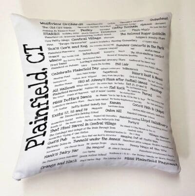 A pillow with the words plainfield, ct written on it.