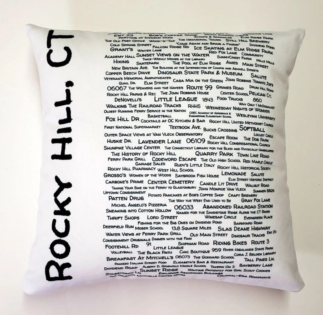 A pillow with the words rocky hill, ct written on it.