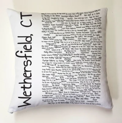 A pillow with the words wethersfield, ct written on it.