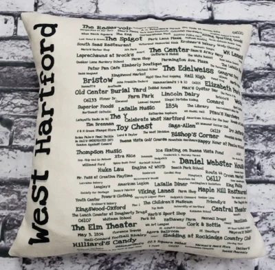 A pillow with the names of west hartford