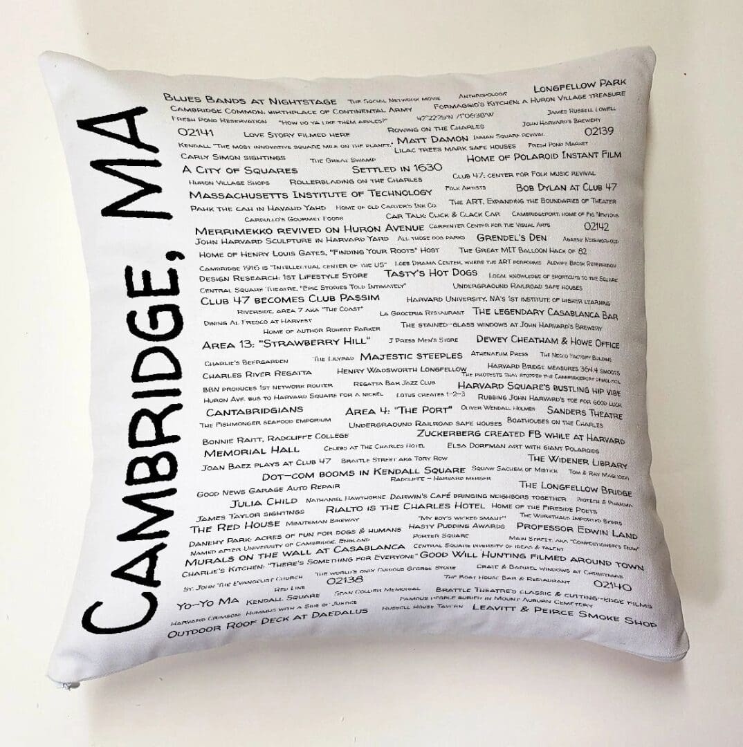 A pillow with the words " cambridge, ma ".