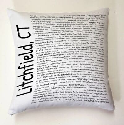 A pillow with the words litchfield ct written on it.