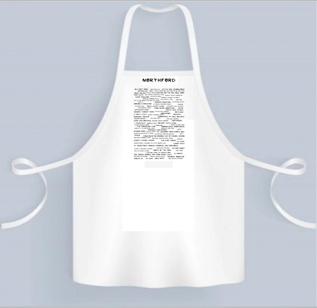 A white apron with a black and white image of a person.