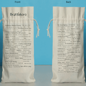 The front and back of a bottle bag featuring trivia about Brattleboro.