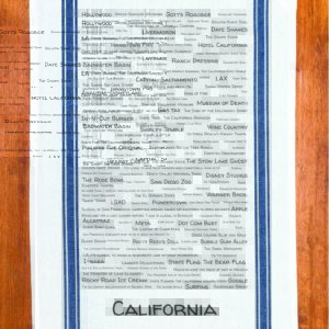 A blue striped towel with trivia about California